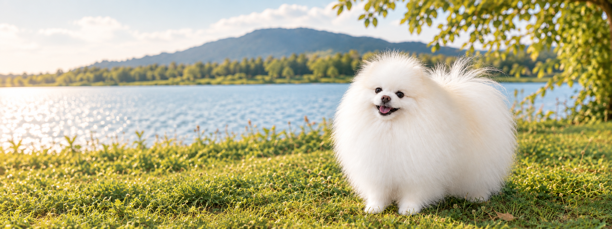Ben, lulu da pomerânia branco, na beira de um lago ao sol