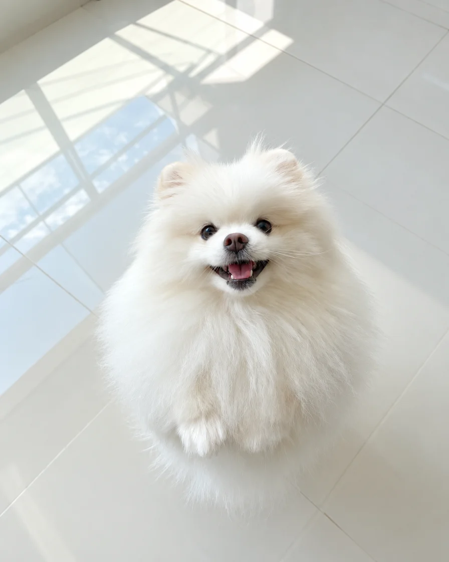 Ben, Spitz Alemão branco, sentado e sorrindo