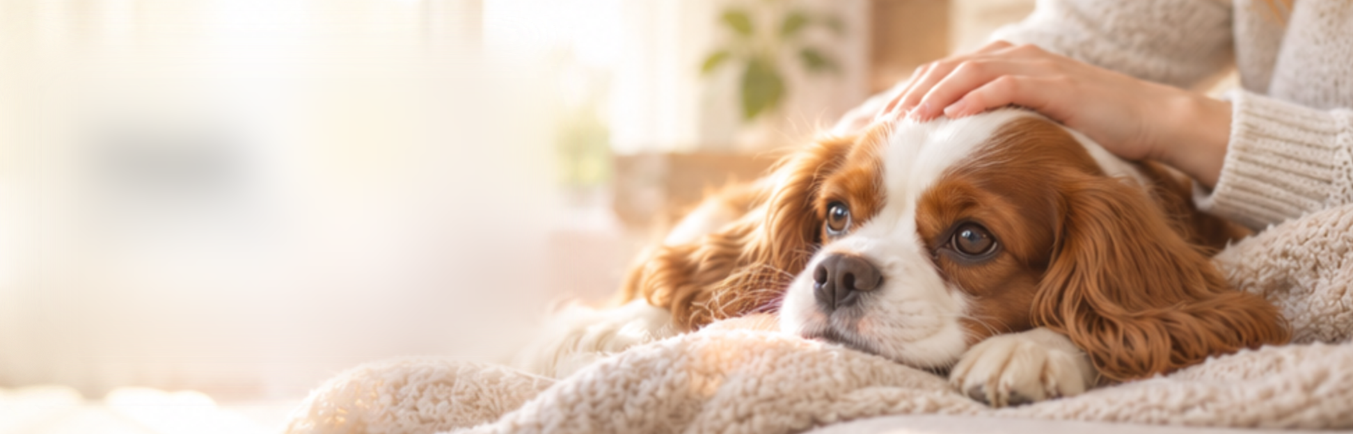 Cavalier King Charles deitado numa manta, recebendo carinho na cabeça