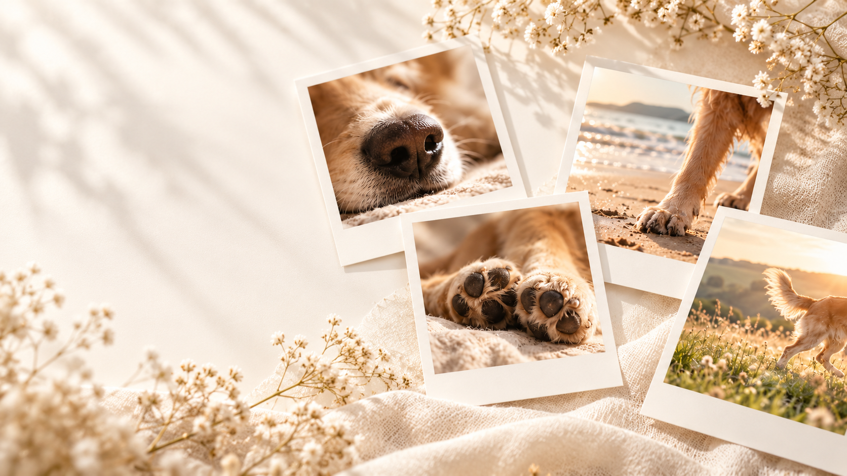 Polaroids de um cão — focinho, patinhas e passeios — sobre uma manta clara com flores