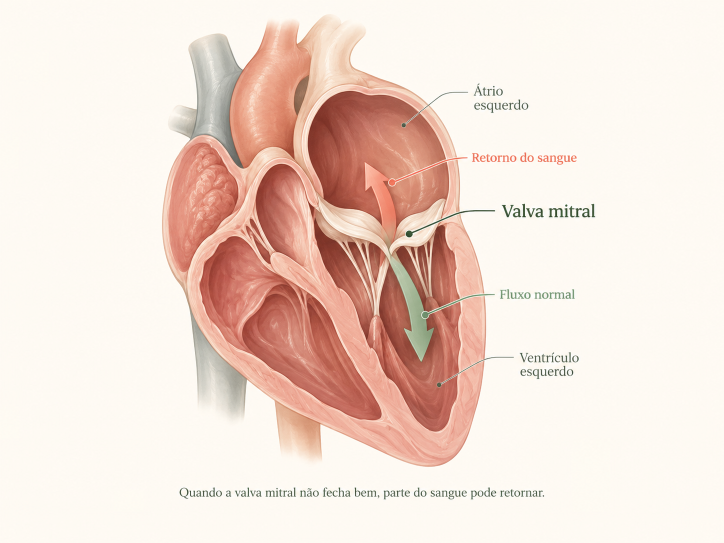 Ilustração do coração com a valva mitral em destaque, o fluxo normal do sangue e uma seta indicando o retorno do sangue para o átrio esquerdo