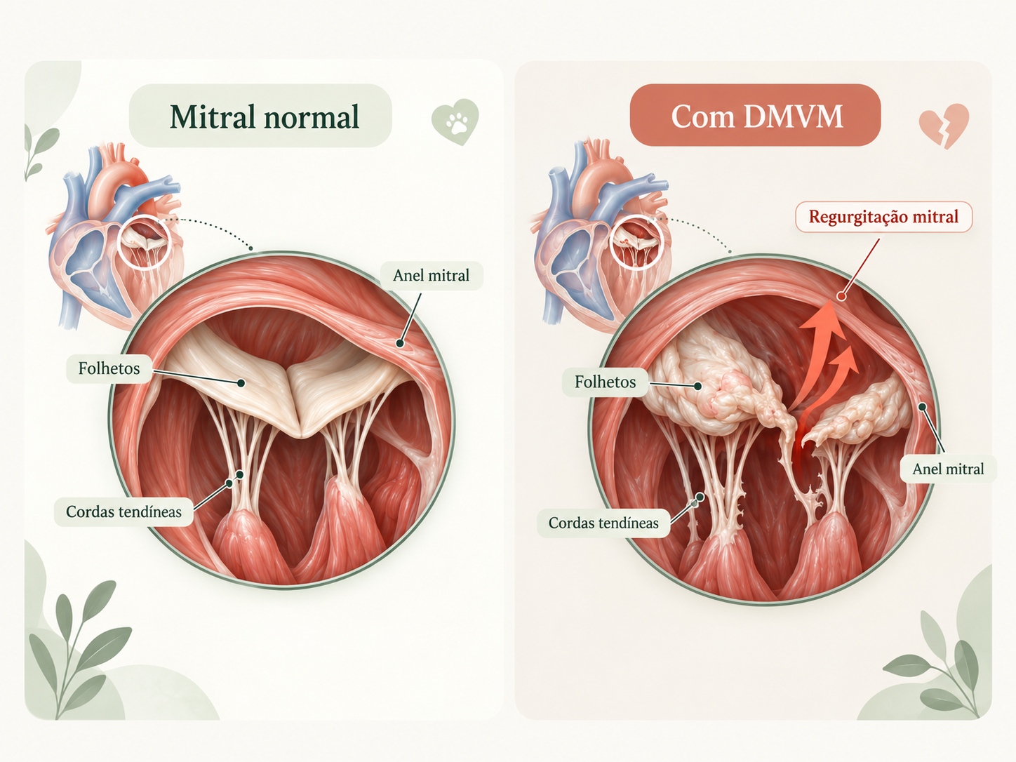Ilustração comparando a válvula mitral normal e a válvula com DMVM, indicando folhetos, cordas tendíneas, anel mitral e a regurgitação mitral