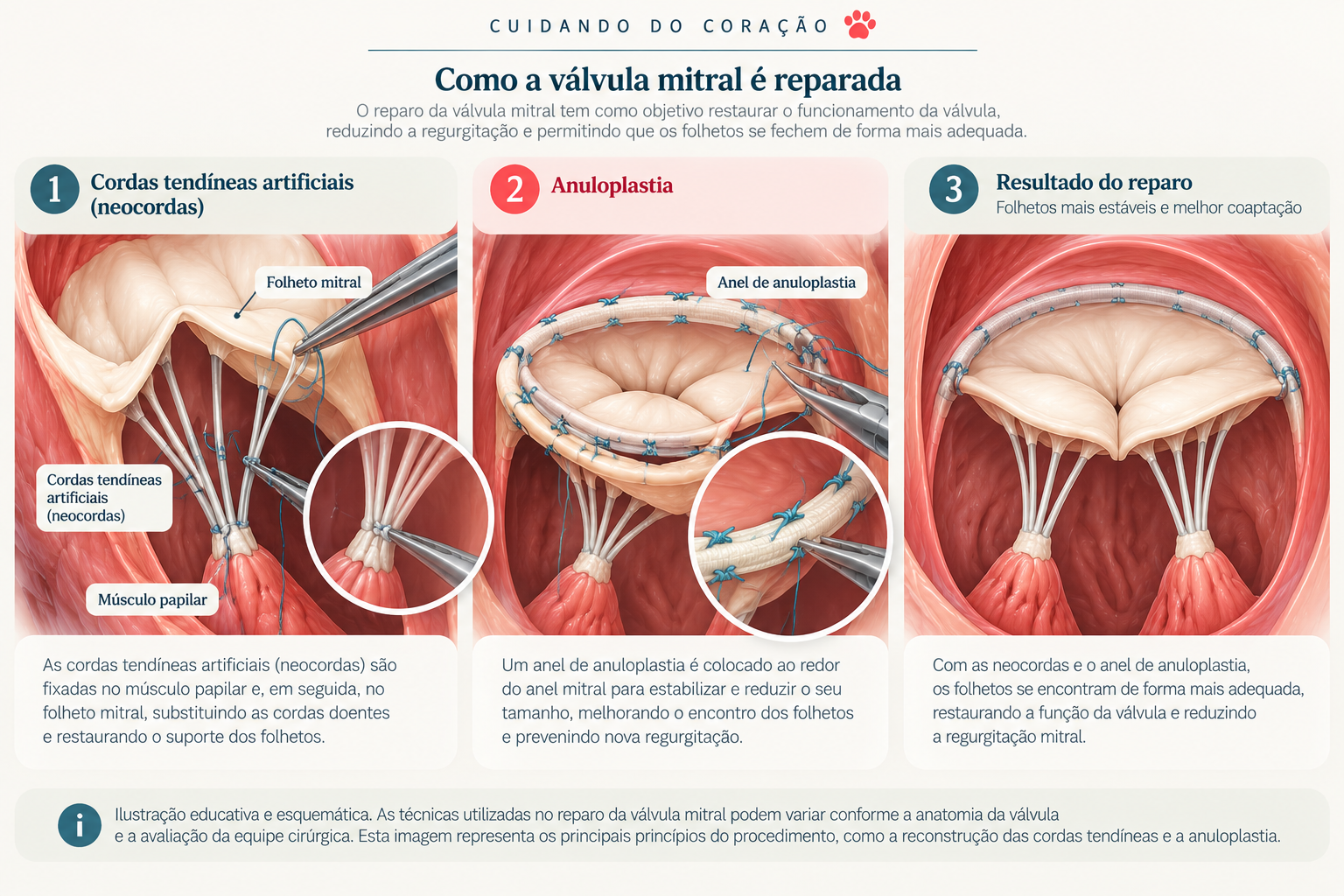 Infográfico em três etapas: cordas tendíneas artificiais fixadas entre o músculo papilar e o folheto, anuloplastia ao redor do anel mitral e os folhetos com melhor coaptação após o reparo
