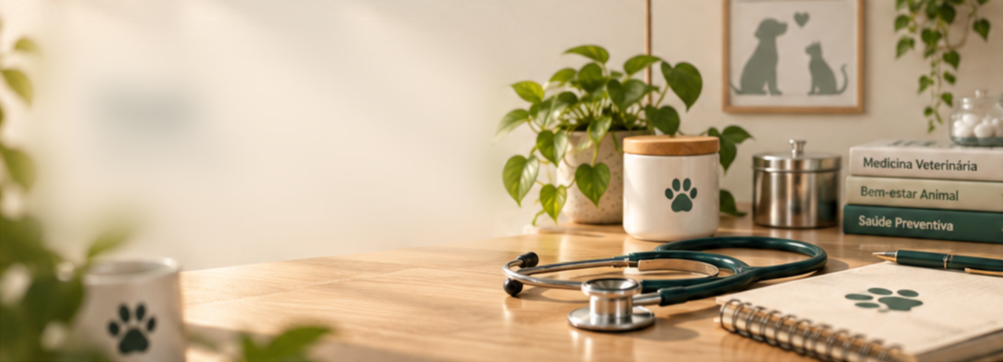 Mesa de consultório veterinário com estetoscópio, plantas e livros